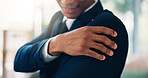 Hands, business and man with arm pain in office of shoulder dislocation, muscle sprain and fracture. Person, medical injury and accident mistake with inflammation, fibromyalgia and swelling of joints