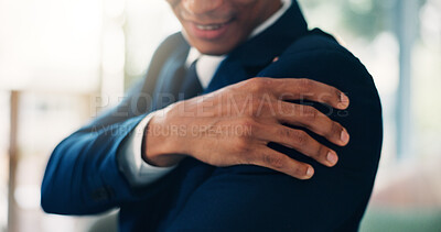 Buy stock photo Hands, business and man with arm pain in office of shoulder dislocation, muscle sprain and fracture. Person, medical injury and accident mistake with inflammation, fibromyalgia and swelling of joints