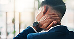 Hands, business and man with neck pain in office for bad posture, muscle sprain and spine fracture. Person, medical injury and accident mistake with inflammation, fibromyalgia and swelling of joints