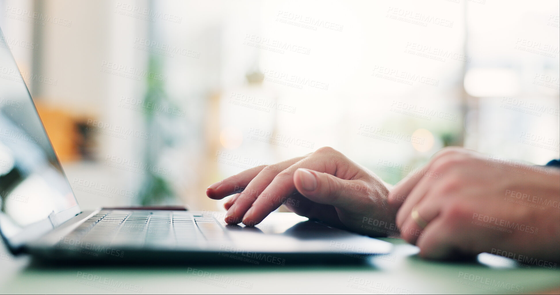 Buy stock photo Keyboard, hands and businessperson in office for research with finance report for planning budget. Laptop, technology and closeup of financial manager with online investment for company in workplace.