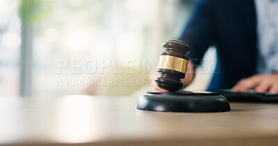 Buy stock photo Hands, man and judge with hammer in courtroom for attention, maintain order and authority decision. Gavel, person and legal process for justice service, hearing system and verdict for trial procedure