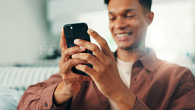 Buy stock photo Online dating, hands and man with phone in house for social media application, subscription or search. Sign up, technology or male person with mobile message on sofa for post, chat and news website