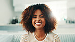 Portrait, smile and woman relax in apartment for peace, calm and break on weekend in lounge. Face, confident and happy African girl in living room for comfort, resting and chill in home in Tanzania