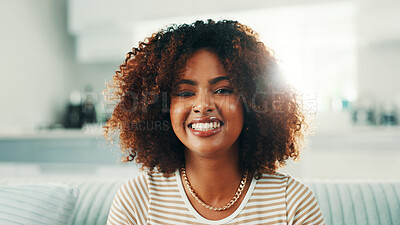 Buy stock photo Portrait, smile and woman relax in apartment for peace, calm and break on weekend in lounge. Face, confident and happy African girl in living room for comfort, resting and chill in home in Tanzania