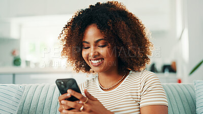 Buy stock photo Dating app, phone or happy woman texting in home on social media application and subscription on weekend. Reading, smile or female person with mobile message on sofa for post, chat and online website