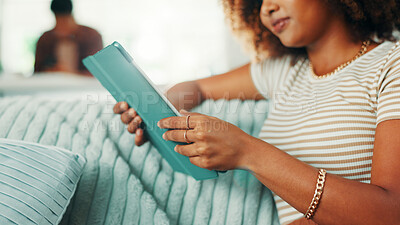 Buy stock photo Relax, streaming and woman with tablet, home and watching series on app, subscription and apartment. Break, digital and person with tech for movies, connection and browsing on social media in house