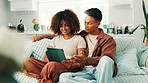 Tablet, relax and couple on sofa in house with planning romantic vacation, holiday or getaway. Happy, digital technology and man with woman for booking flights for honeymoon trip in apartment.