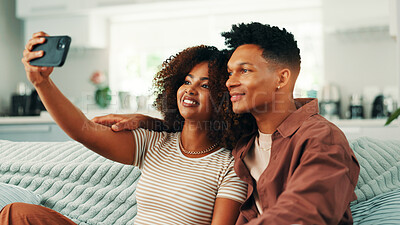 Buy stock photo Relax, selfie and smile with couple on sofa in living room of home together for memories. Bonding, love and photograph with people in apartment for social media or profile picture update on weekend