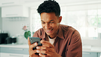 Buy stock photo Dating app, reading or happy man texting with phone in home on social media application or subscription. Mobile news, search or person with flirty message for post, chat and online romance website