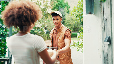 Buy stock photo Man, woman and food delivery at house with package, service and thank you for meal by gate. People, courier and client with tablet, application and bag for order, distribution or e commerce for snack