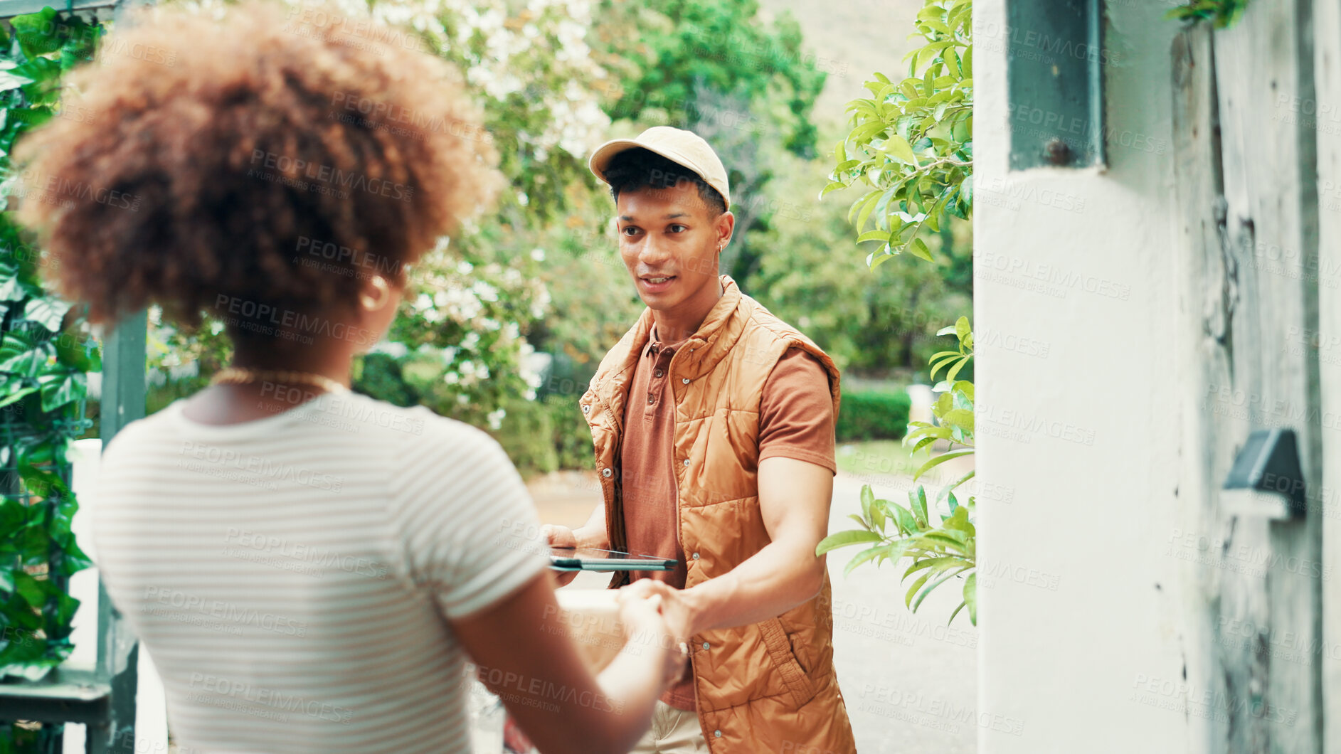 Buy stock photo Man, woman and food delivery at house with package, service and thank you for meal by gate. People, courier and client with tablet, application and bag for order, distribution or e commerce for snack