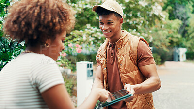 Buy stock photo Smile, woman and delivery man with tablet, signature and friendly service with supply chain. Courier, receipt and tech with ecommerce, online shopping and app for product agreement, people and home