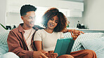 Couple, tablet and happy at home with conversation, internet and browsing online. Man, woman and living room sofa for social media, post or talk about subscription package for entertainment in house