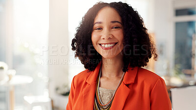 Buy stock photo Smile, creative and business woman in office for magazine editor, professional and publisher. Happiness, article journalist and pride with portrait of person in startup agency for confidence
