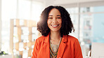 Smile, portrait and professional with business woman in office for magazine editor, creative and publisher. Happiness, article journalist and pride with person in startup agency for confidence