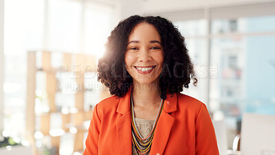 Buy stock photo Smile, portrait and professional with business woman in office for magazine editor, creative and publisher. Happiness, article journalist and pride with person in startup agency for confidence
