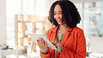 Tablet, online and search with business woman in office for networking, client chat and virtual consultant. Communication, online feedback and app with person in creative agency for project review
