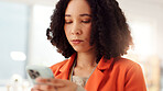 Phone, reading and search with business woman in office for networking, client chat and virtual consultant. Communication, online feedback and app with person in creative agency for project review