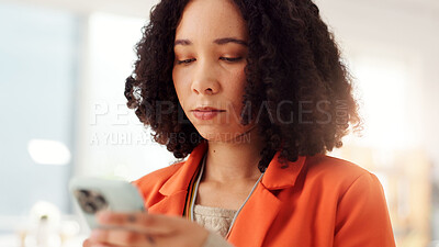 Buy stock photo Phone, reading and search with business woman in office for networking, client chat and virtual consultant. Communication, online feedback and app with person in creative agency for project review