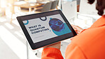 Business, person and screen of tablet in office for quantum computing, presentation and computer science. Programmer, digital and information of software catalog, review about us and development tips