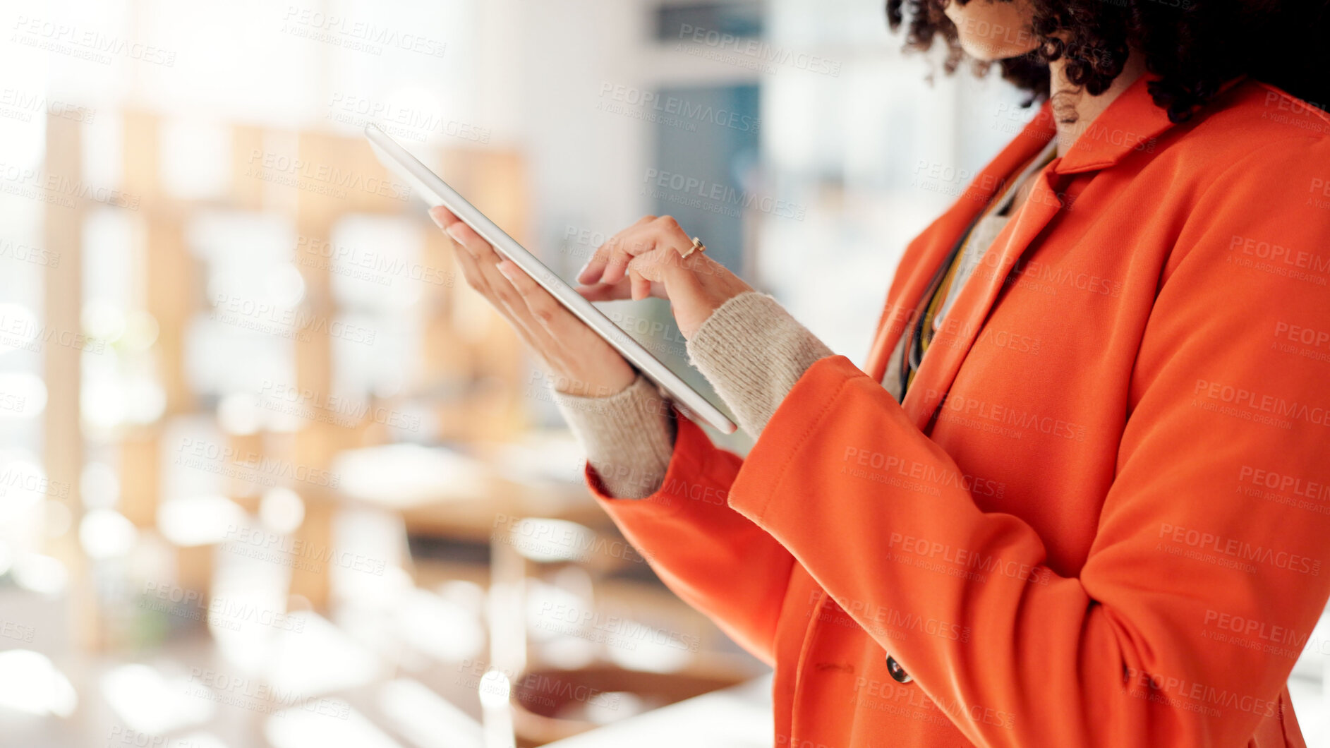 Buy stock photo Tablet, hands and typing with business woman in office for networking, client chat and virtual consultant. Communication, online feedback and app with person in creative agency for project review
