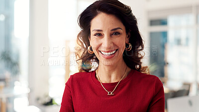 Buy stock photo Smile, portrait and creative with business woman in office for magazine editor, professional and publisher. Happiness, article journalist and pride with mature person in startup agency for confidence