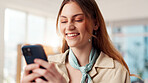 Phone, typing and search with business woman in office for networking, client chat and virtual consultant. Communication, online feedback and app with person in creative agency for project review