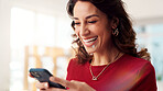 Phone, laugh and search with business woman in office for networking, client chat and virtual consultant. Communication, positive online feedback and app in creative agency for project review