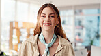 Smile, portrait and pride with business woman in office for magazine editor, professional and publisher. Happiness, article journalist and creative with person in startup agency for confidence