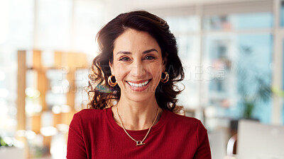 Buy stock photo Smile, portrait and mature with business woman in office for magazine editor, professional and publisher. Happiness, article journalist and pride with creative person in startup agency for confidence