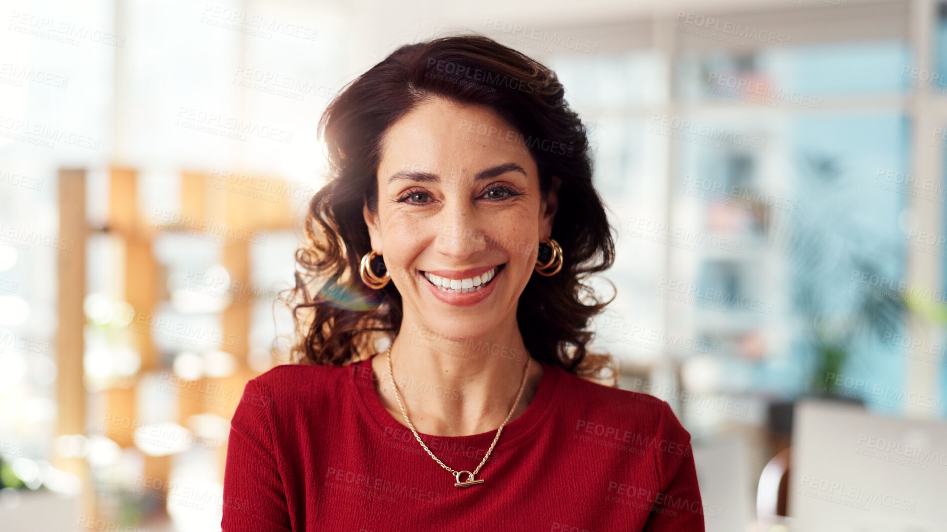 Buy stock photo Smile, portrait and mature with business woman in office for magazine editor, professional and publisher. Happiness, article journalist and pride with creative person in startup agency for confidence