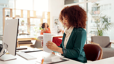 Buy stock photo Woman, documents and admin at startup at office for project management, review and business proposal. Person, paperwork and report for feedback, deadline and notes with career at creative agency