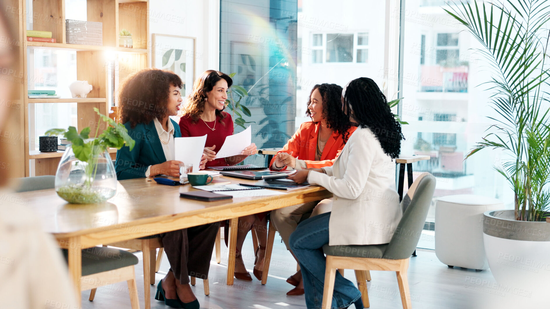 Buy stock photo Women, meeting and document with team at office, brainstorming and review with problem solving at startup. Business people, paperwork and happy with report, proposal and feedback at creative agency