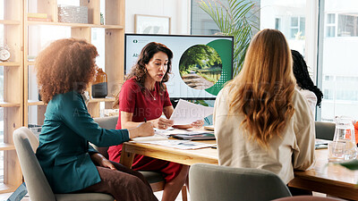 Buy stock photo Business, women and presentation for climate change in office, planning and ideas of environment solution. People, meeting and brainstorming with proposal documents, eco friendly information and tips