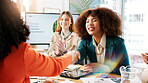 Business people, handshake and women in meeting, agreement or presentation for climate change. Employees, ecology or shaking hands in workplace, cooperation or feedback for sustainability or success