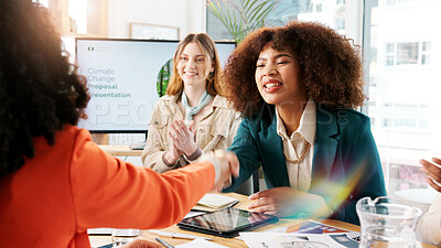 Buy stock photo Business people, handshake and women in meeting, agreement or presentation for climate change. Employees, ecology or shaking hands in workplace, cooperation or feedback for sustainability or success