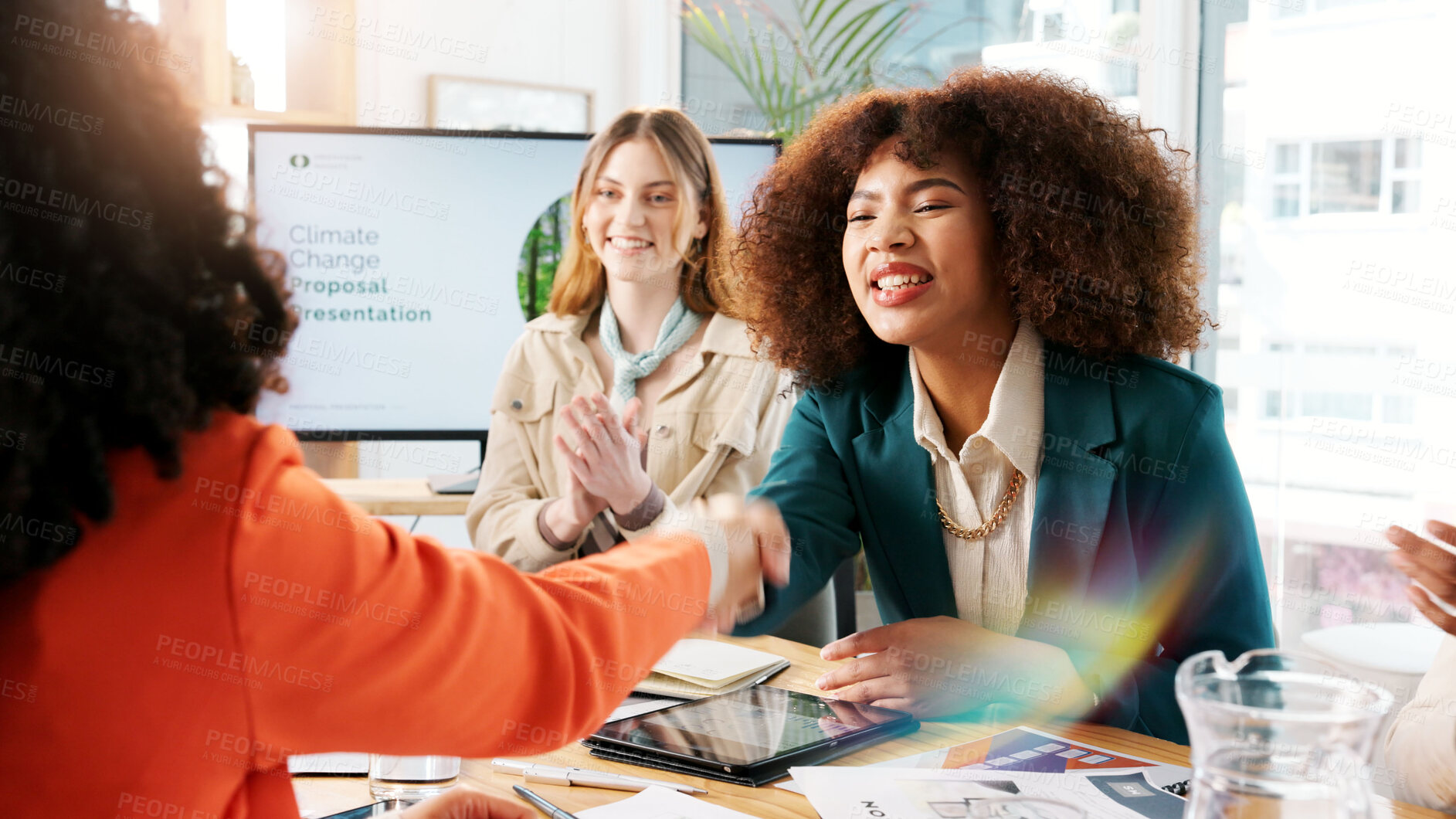 Buy stock photo Business people, handshake and women in meeting, agreement or presentation for climate change. Employees, ecology or shaking hands in workplace, cooperation or feedback for sustainability or success