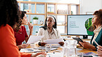Business, people and presentation for climate change in office, planning and ideas of environment solution. Staff, meeting and brainstorming with proposal documents, eco friendly information and tips