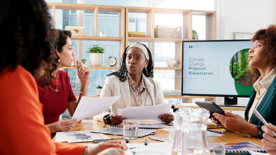 Buy stock photo Business, people and presentation for climate change in office, planning or screen for environment solution. Staff, meeting or brainstorming with proposal documents, eco friendly information and tips