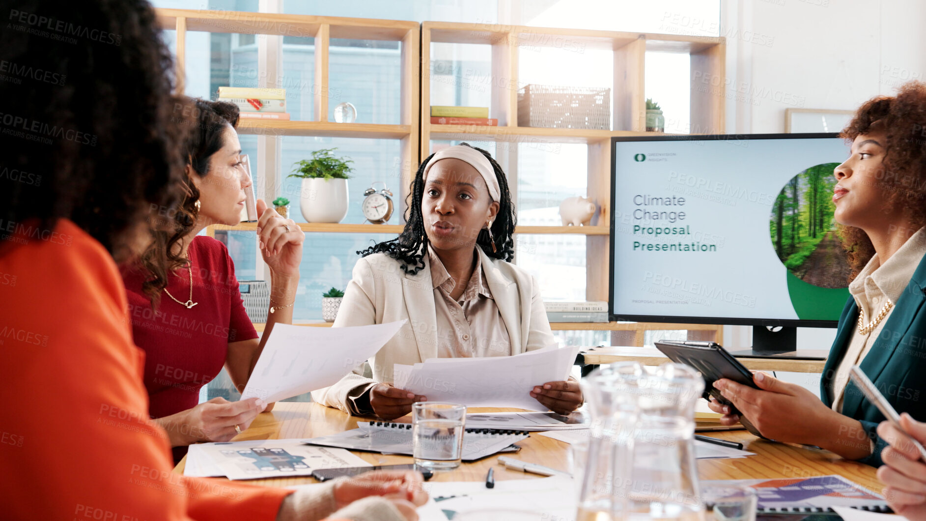 Buy stock photo Business, people and presentation for climate change in office, planning or screen for environment solution. Staff, meeting or brainstorming with proposal documents, eco friendly information and tips
