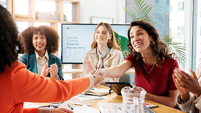 Buy stock photo Business people, handshake and women in office, meeting or presentation for climate change. Employees, negotiation or shaking hands in workplace, cooperation or feedback for sustainability or ecology