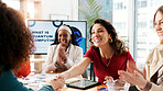 Business people, handshake and women in office, meeting or presentation for quantum computing. Employees, smile or shaking hands with cooperation, b2b deal or feedback for computer science project