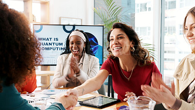Buy stock photo Business people, handshake and women in office, meeting or presentation for quantum computing. Employees, smile or shaking hands with cooperation, b2b deal or feedback for computer science project