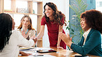 Business people, handshake and women in office, presentation for climate change and cooperation. Employees, ecology and shaking hands in workplace, applause or feedback for sustainability project