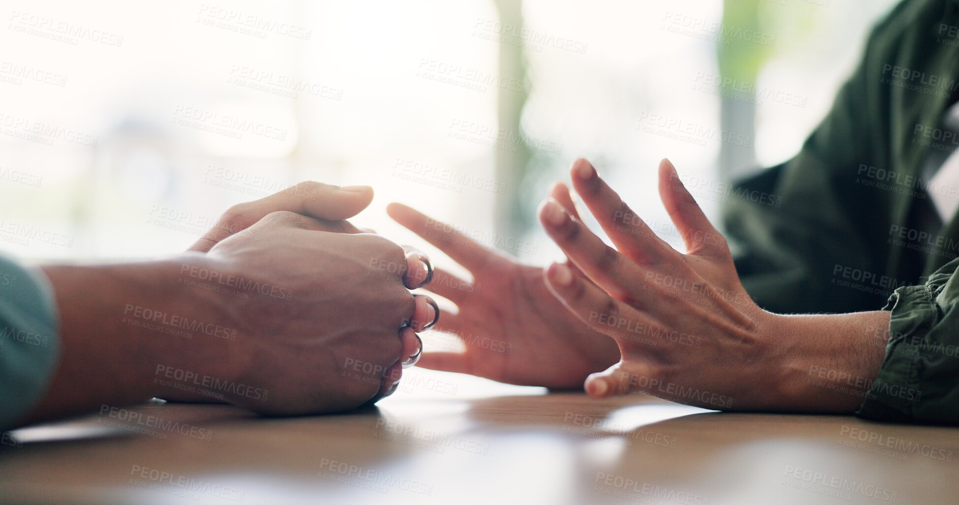 Buy stock photo Argument, confession or conflict with hands of couple in home together for discussion or explanation. Angry, fighting and frustration with people arguing at table in apartment for resolution closeup