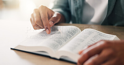 Buy stock photo Hands, bible study and religion with reading in home for spiritual guide, wisdom and faith in morning. Christian person, book and holy scripture for connection to God, knowledge and praise at house