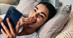 Shocked, reading and woman with smartphone, home and news on social media, gossip or doubt in lounge. House, online and person with surprised expression for rumor, wow or girl with mobile for message