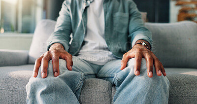 Buy stock photo Anxiety, hands and therapy with person on sofa in ptsd or trauma counseling session closeup. Nervous, psychology and stress with patient at consulting appointment in clinic for grief, loss or pain