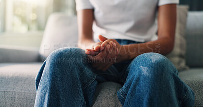 Buy stock photo Hands together, psychology and woman on couch, anxiety and stress with depression. Closeup, therapy room or person with counselling, worry or mental health with emergency, trauma or nervous with ptsd