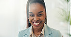 Portrait, smile and business with black woman in office for investment firm, professional and wealth management. Happy, financial advisor and corporate with person in agency for broker opportunity